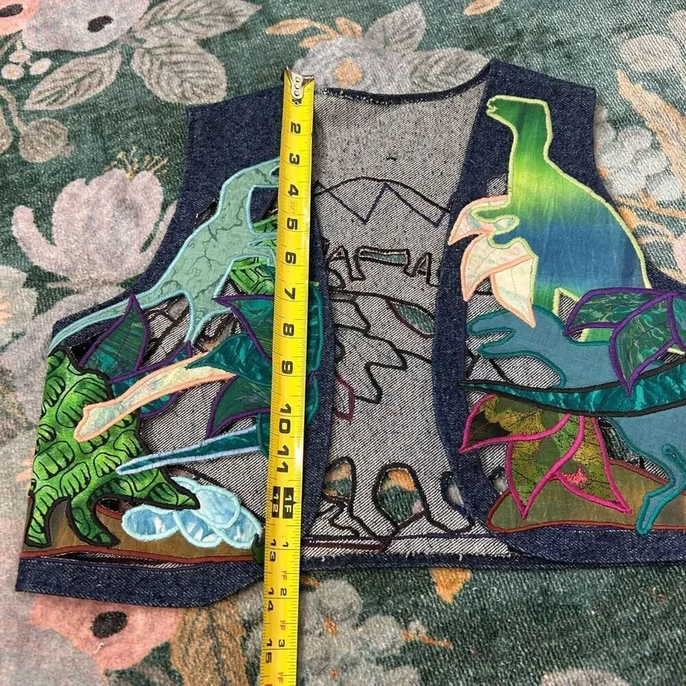 Vintage Handmade Dino Vest Kids Embroidered Blue western Applique Dinosaur Denim - Picture 8 of 10